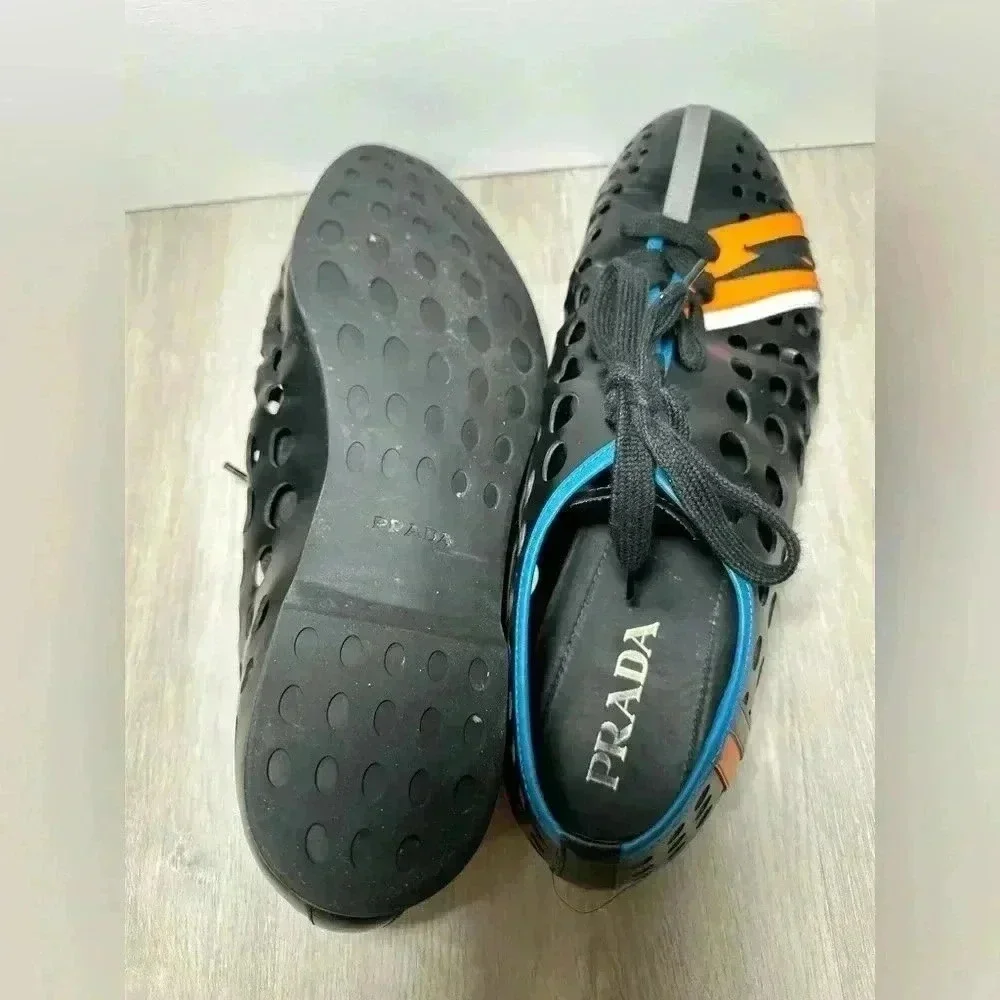 Prada 2EG168 Perforated Leather Sneakers Men 9 Black Orange Excellent Bolt - Picture 8 of 10